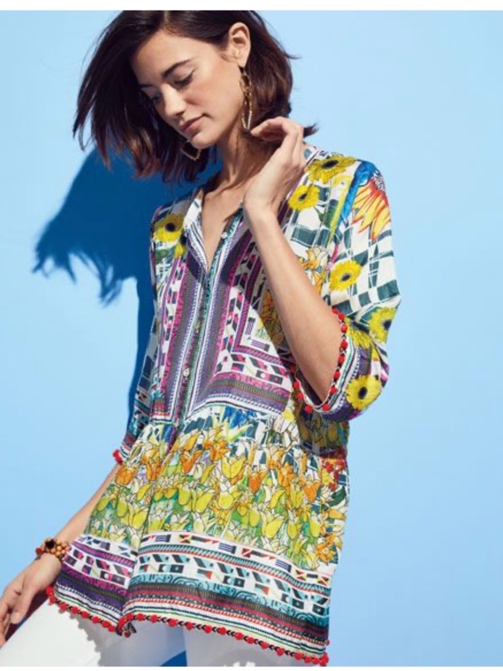 Johnny Was Theda Printed Tunic w/ Pompom Trim Womens 1x